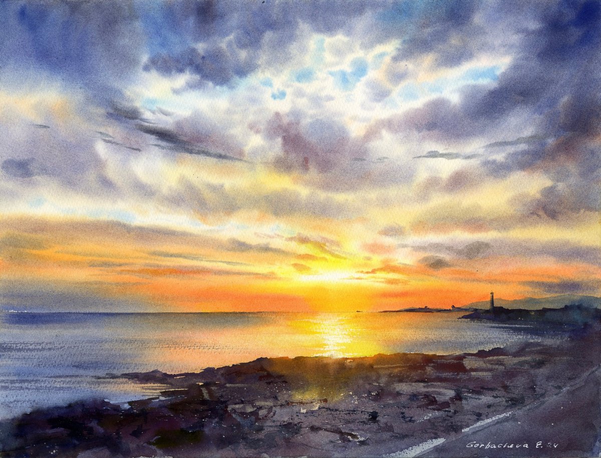 Impressionistic Landscape Watercolour By Eugenia Gorbacheva, 16 X 12, Lighthouse At Sunset #5, Original Artwork