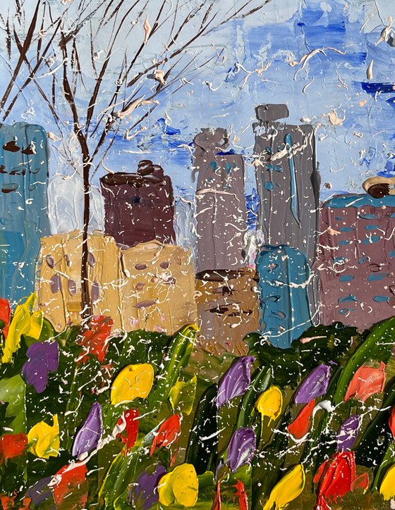 New York Painting Cityscape Original Art Tulips Oil Artwork NYC Home Wall Art 12 by 8" by Halyna Kirichenko