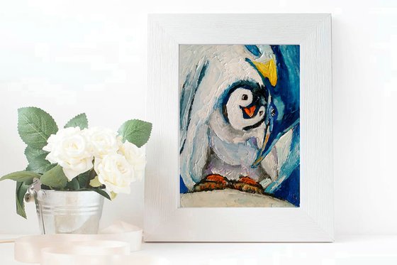 Penguin Painting Bird Original Art Penguin Chick Artwork Snow Wall Art