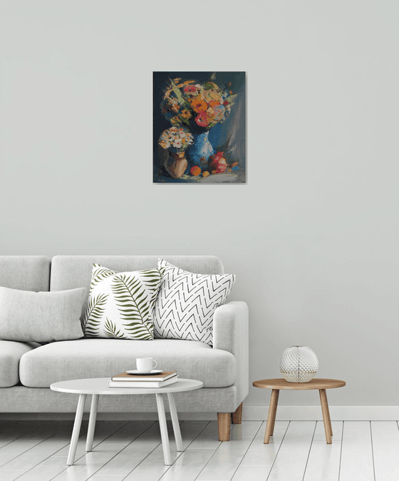 Still life with flowers and pomegranate