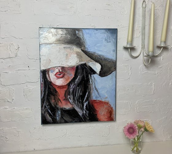 White hat. Woman Lips Portrait. Palette knife, Impasto.