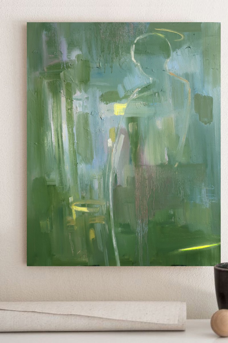 Green Abstraction Observer Meditation Oil Painting by Anna Shchapova
