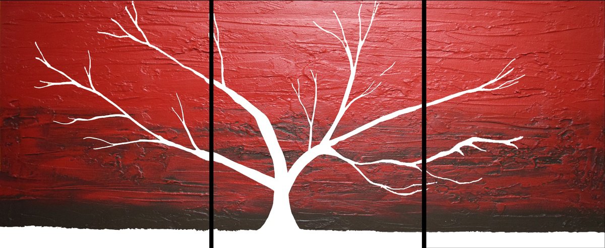Abstract Landscape Acrylic Painting By Stuart Wright, 48 X 20", Red Artwork Tree, Original Artwork