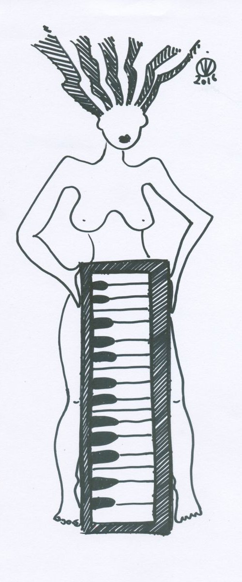 Piano Solo #1 abstract sketch drawing original hand made one line nude girl music piano by Vio Valova