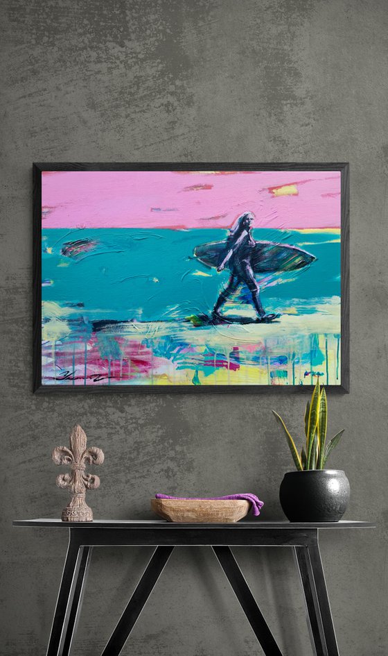 Bright painting - "Miami Beach" - Girl - Pop Art - Urban - Surfing - California