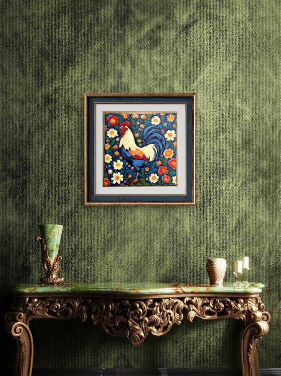 Rooster – reduction linocut print