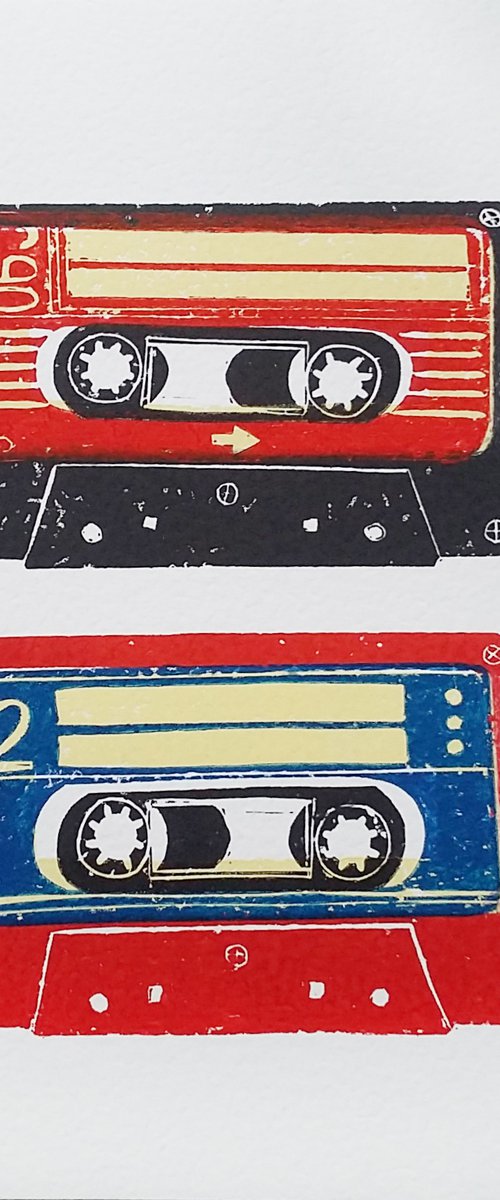 Linocut tapes duo #4 (cassette tapes, retro music, 70's, 80's rock culture) by Carolynne Coulson