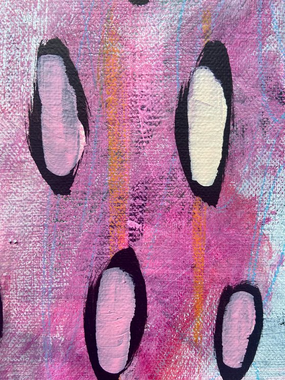 DAILY DOSE- a vertical painting, pink, black and white, circles, modern