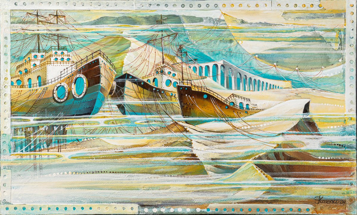 Surrealistic Cityscapes Painting By Olena Kosenko, 22 X 13", Reflections, Original Artwork