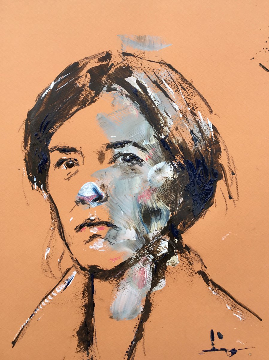 Expressive Portrait Acrylic Painting By Dominique Deve, 9 X 13, Parisienne 3, Original Artwork