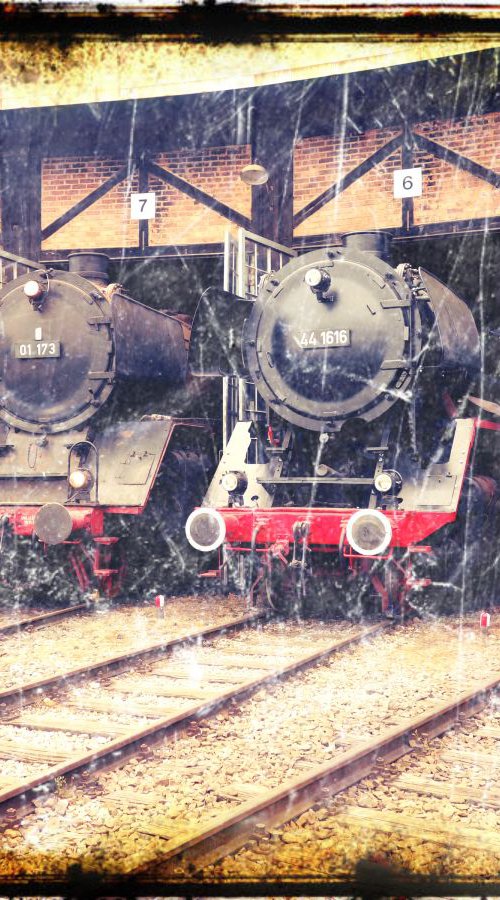 Old steam trains in the depot - print on canvas 60x80x4cm - 08496m2 by Kuebler