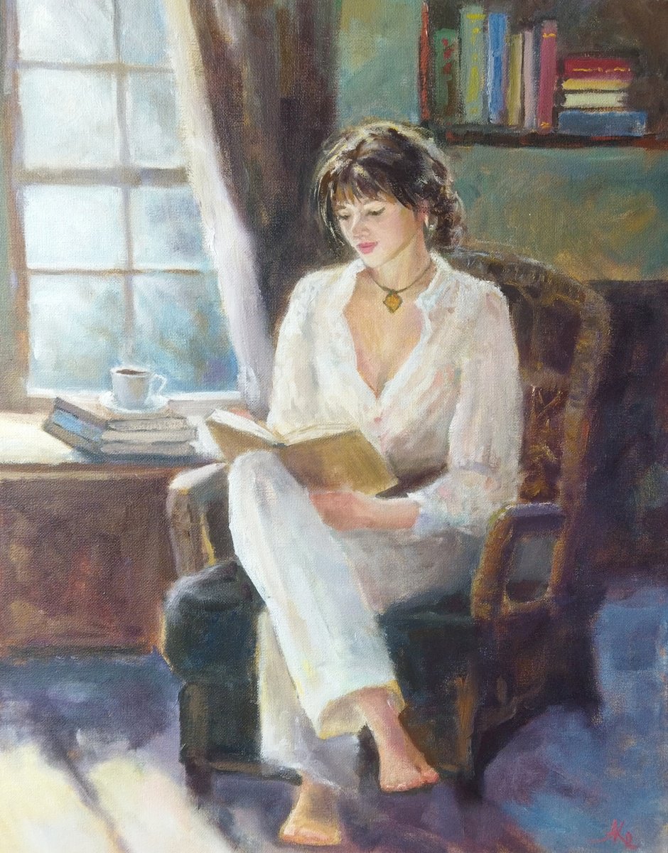 Expressive Portrait Oil Painting By Ann Krasikova, 16 X 20, Reading By The Window, Original Artwork