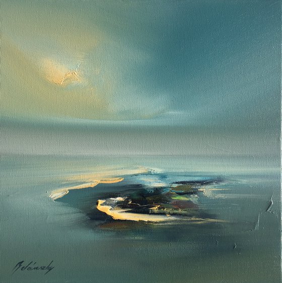 The Island - 30 x 30 cm, abstract landscape painting in soft blue