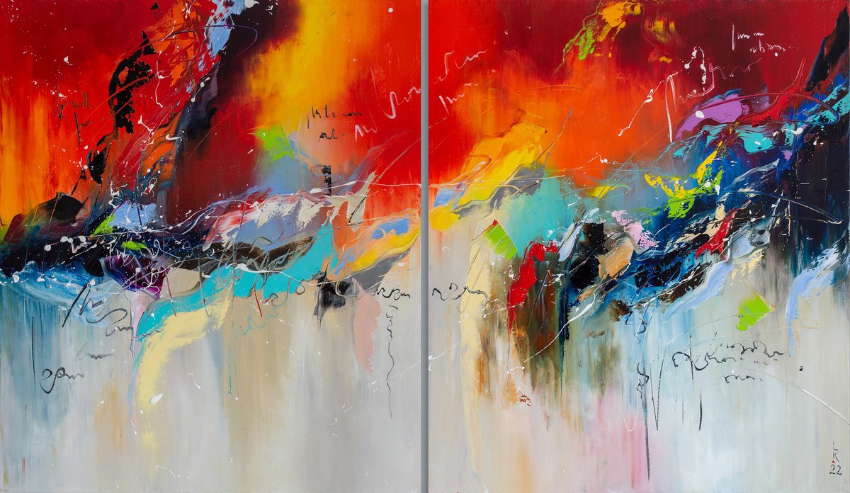 Abstract Oil Painting By Liubov Kuptsova, 47 X 28", Spirit Of Freedom (Diptych), Original Artwork