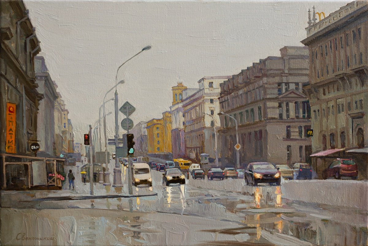 Photorealistic Cityscapes Oil Painting By Igor Sventitski, 24 X 16, Rainy City, Original Artwork