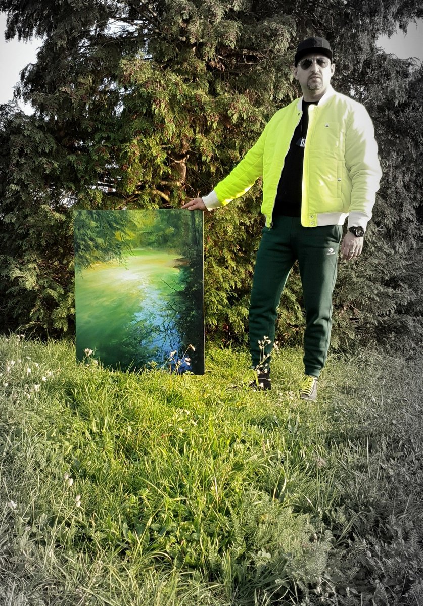 Abstract Landscape Oil Painting By Ivan Grozdanovski, 28 X 35, Light Green Reflection , Original Artwork