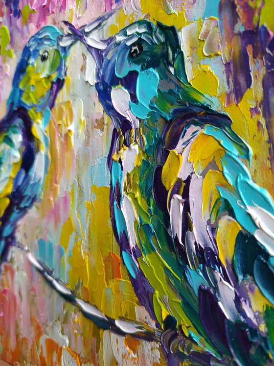 Colors around us -  oil painting, birds love, love, birds, animals oil painting, art bird, impressionism, palette knife, gift.