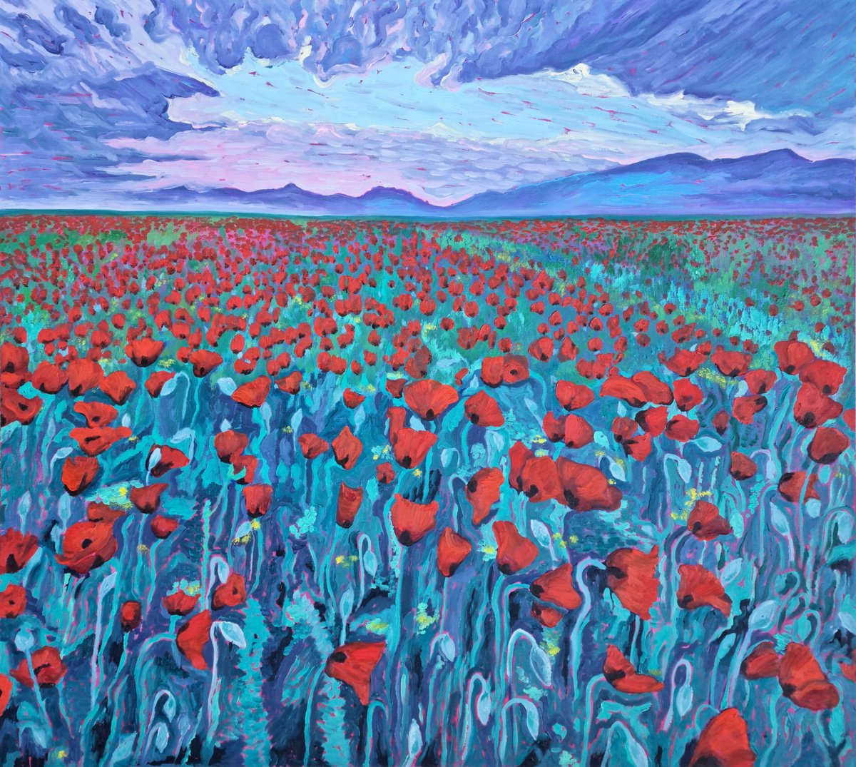 Impressionistic Landscape Oil Painting By Zulfiya Mukhamadeyeva, 39 X 35", Poppy Field, Original Artwork