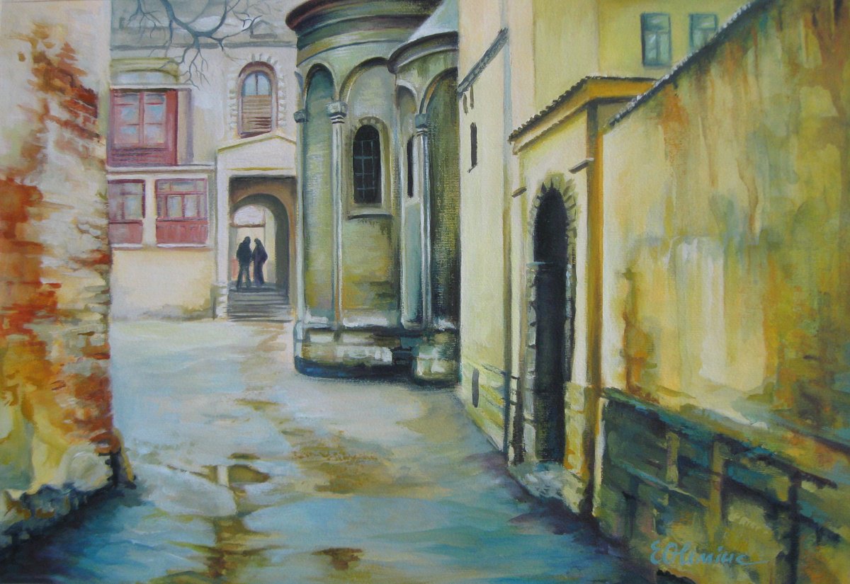 Photorealistic Cityscapes Acrylic Painting By Elena Oleniuc, 19 X 13, Old Courtyard, Original Artwork
