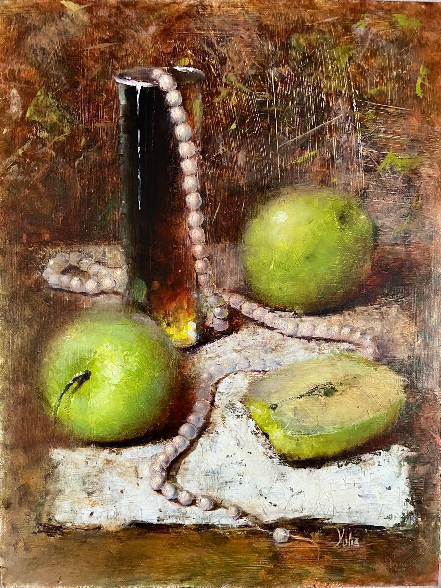 Impressionistic Still Life Oil Painting By Yulia Odukalets, 12 X 16", Retro Apple Still Life, Original Artwork