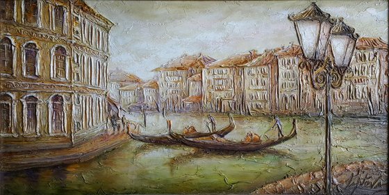 Painting oil Venice - Walk through the canal, Impasto painting on canvas.
