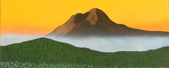 Mystic Morning -  mystic mountain mist and bluebonnet landscape; home, office decor; gift idea