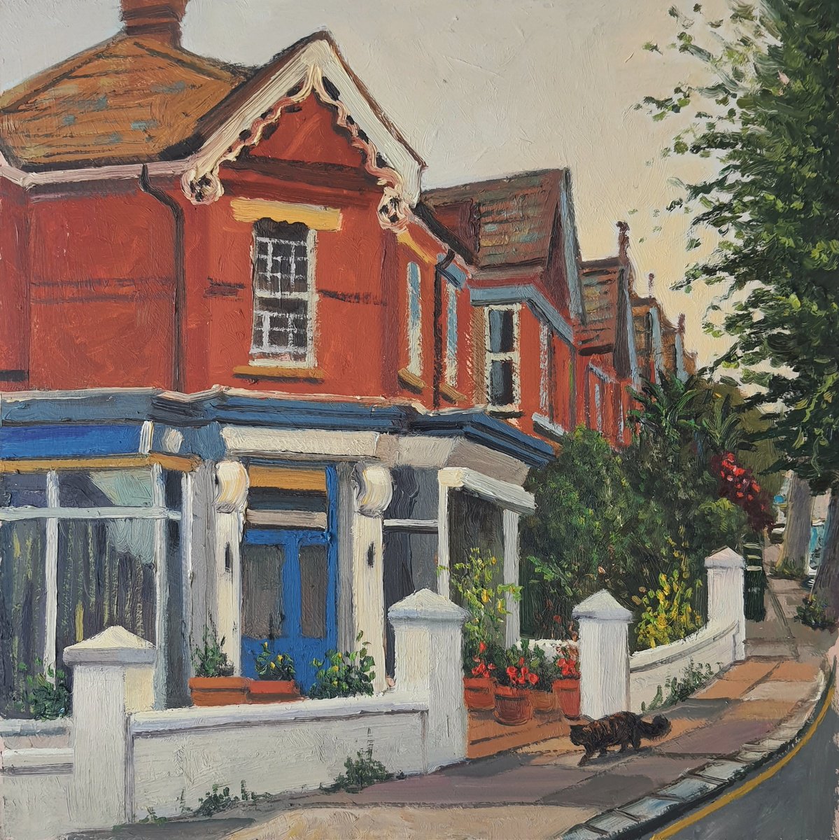 Impressionistic Cityscapes Oil Painting By Roberto Ponte, 14 X 14", Brighton Streets, Original Artwork