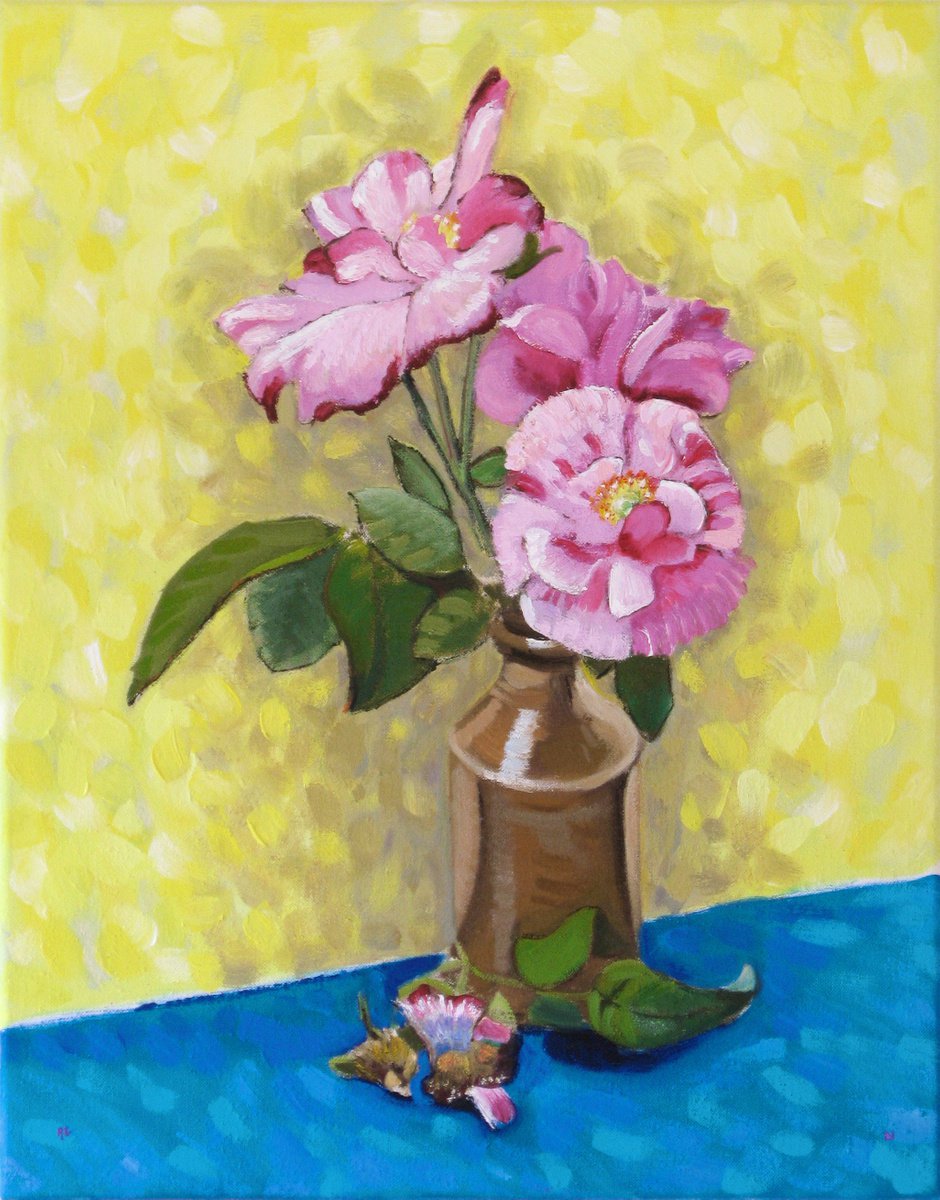 Botanical Oil Painting By Richard Gibson, 14 X 18", Roses In A Ceramic Jar, Original Artwork