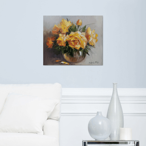 Yellow roses  (50x60cm, oil painting, ready to hang)