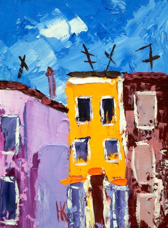 Burano Venice Painting Cityscape Original Art Italy Oil Palette Knife Artwork Venice Small Home Wall Art 6 by 8" by Halyna Kirichenko