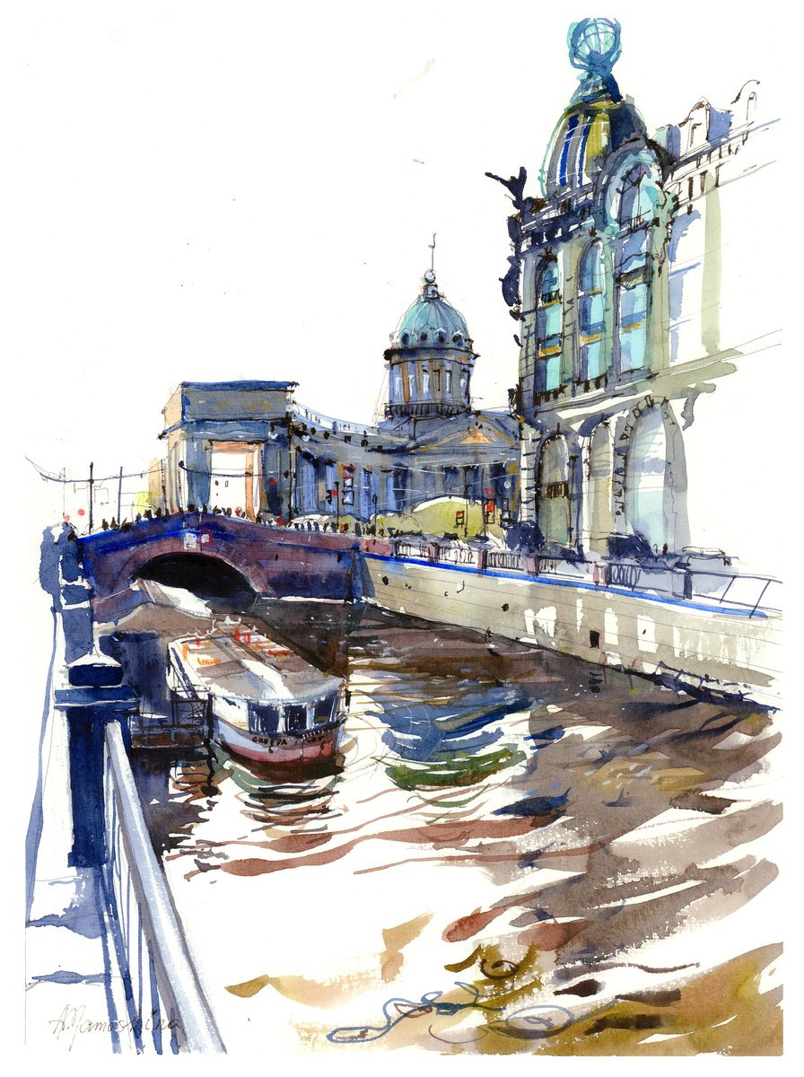Impressionistic Cityscapes Watercolour By Anastasia Mamoshina, 12 X 17, Griboyedov Canal Serenity, Original Artwork