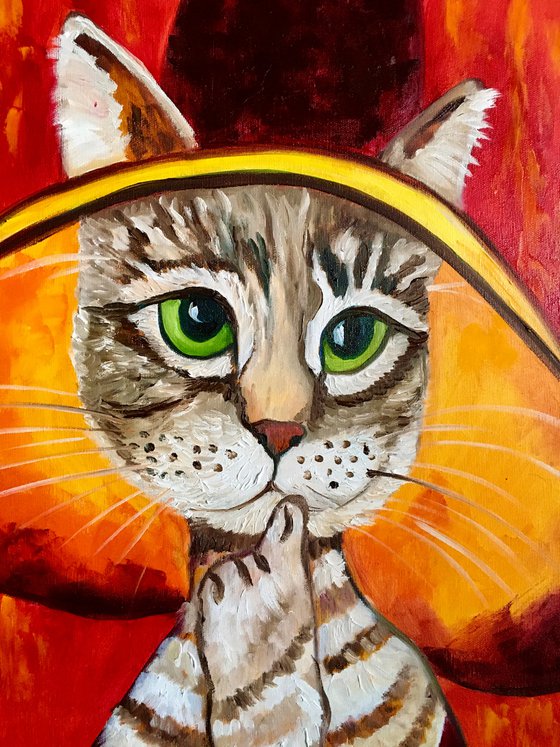 Cat - thinker at in a hat,  inspired by Amedeo Clemente Modigliani