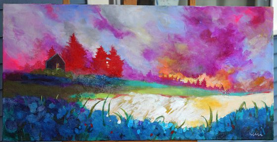 My Own Place 36x18" Colorful Abstract Impressionist Landscape Painting