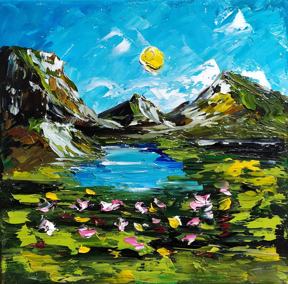 New trip, small landscape with mountains and lake, gift art, bedroom painting by Nataliia Plakhotnyk