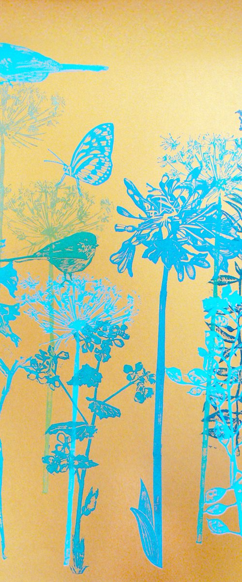 Flora and fauna with greens and blues (#1) on Golden "mai tai" fabriano card by Carolynne Coulson