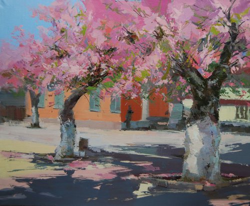Oil landscape artwork "Pink Shadows" by Yuri Pysar