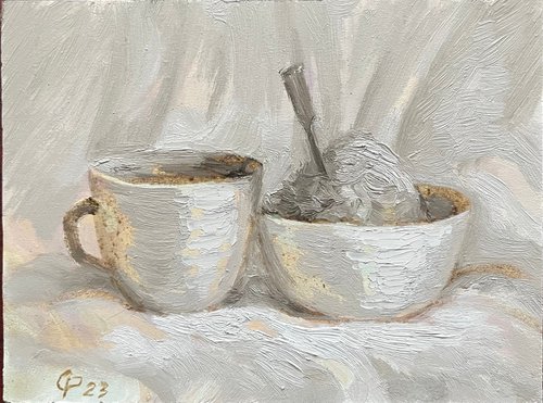 Ukrainian breakfast with a cup of coffee original oil painting by Roman Sergienko