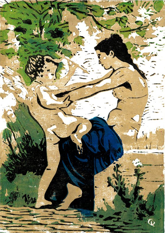 Young girl defending herself against eros - Linoprint inspired by Bourguereau