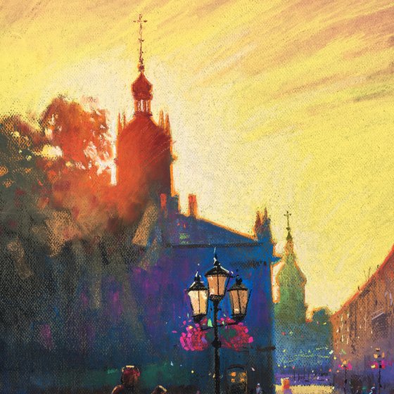 Light. Ukrainian city of Lviv. Soft pastel drawing 19.6x19.6 inch (50x50 cm)