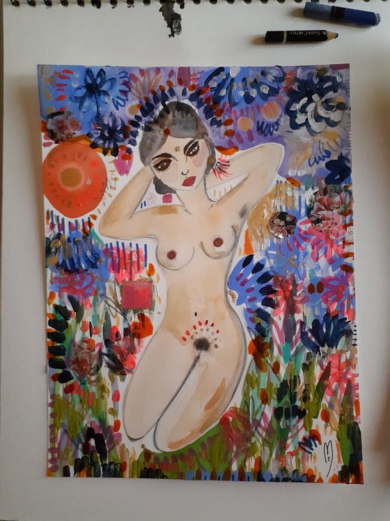 Nude Woman Flowers Garden
