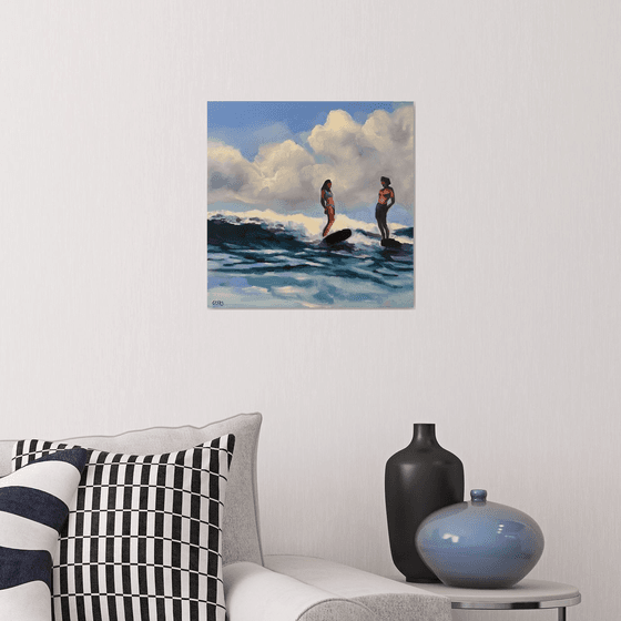 Serfers - Couple Surfing Ocean Wave Seascape Painting