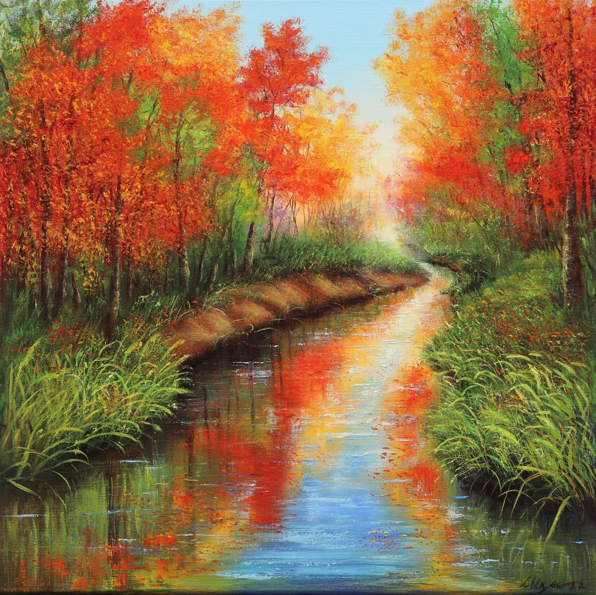 Expressive Landscape Oil Painting By Ludmilla Ukrow, 20 X 20", The Colorful Autumn, Original Artwork