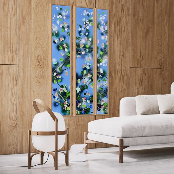 "Movement" large floral triptych on canvas