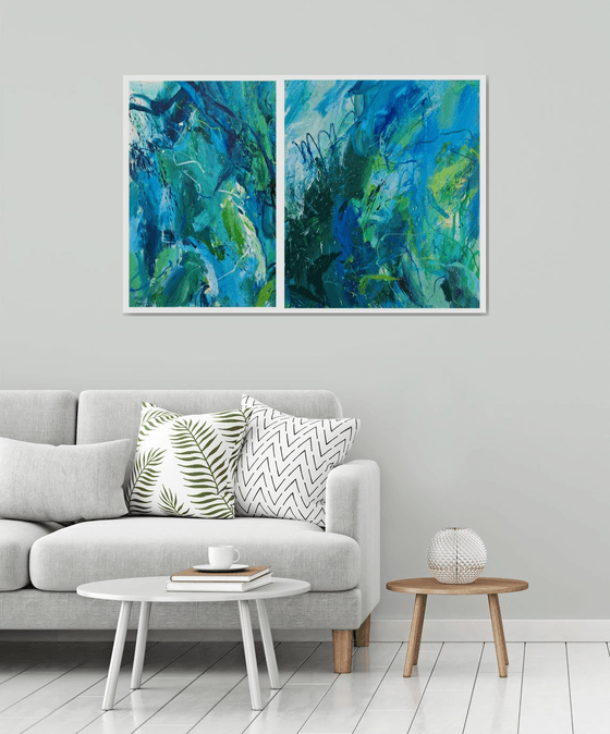 Diptych Jungle. Abstract green painting.