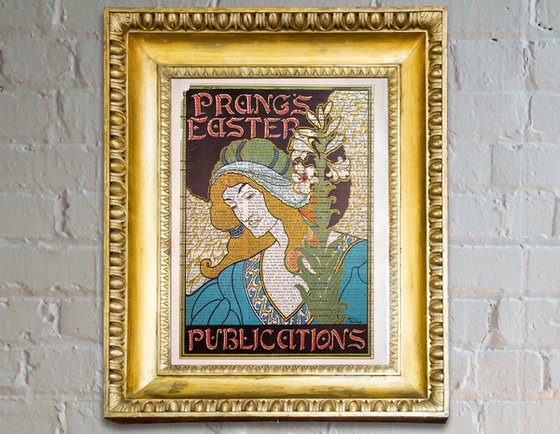 Prang's Easter Publications - Collage Art Print on Large Real English Dictionary Vintage Book Page