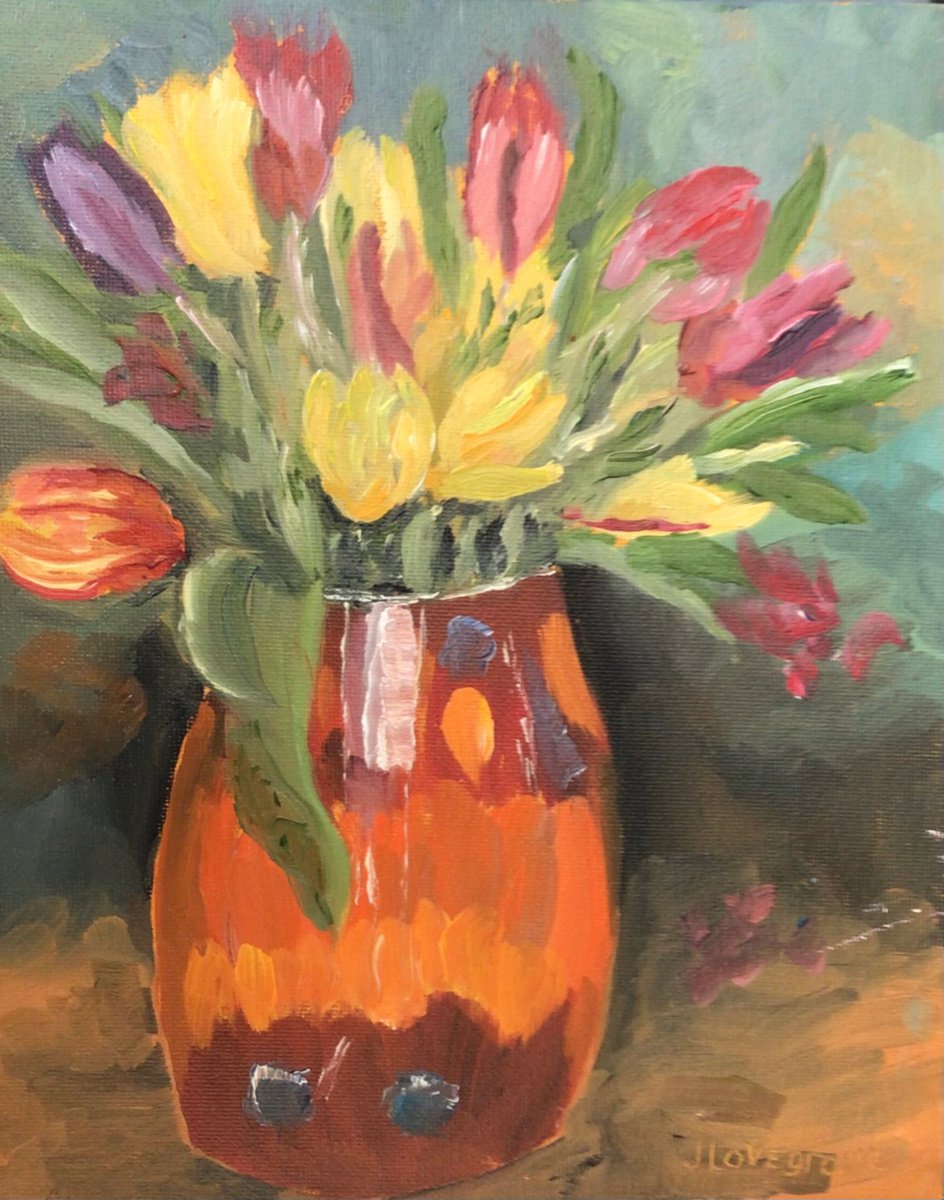 A vase of colourful tulips An original still life oil painting by Julian Lovegrove Art