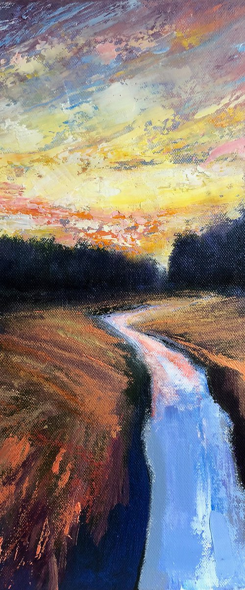 'Winter Stream III' Sunset River Reflections Warm Vibrant Colour by Simon Jones