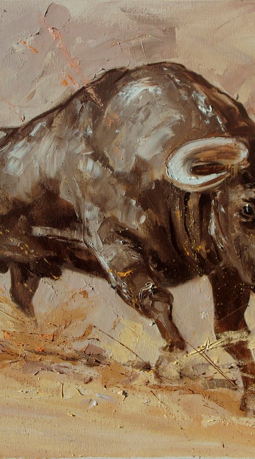 " LOOK AT ME " - BULL original oil painting on canvas, gift, PALETTE KNIFE TORRO hossa by Monika Luniak