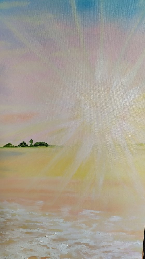 Sunny holiday, original seascape sunrise oil painting, bedroom art, gift idea