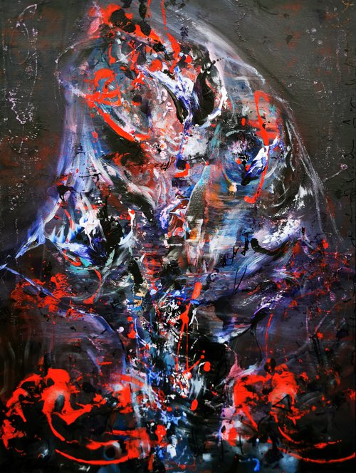 Deep purple and red enigmatic dark gothic abstract gestural abstract painting still life by O Kloska by Kloska Ovidiu
